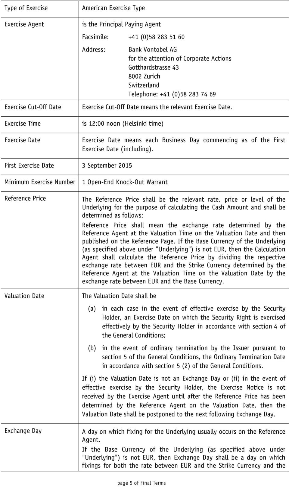 is 12:00 noon (Helsinki time) Exercise Date means each Business Day commencing as of the First Exercise Date (including).