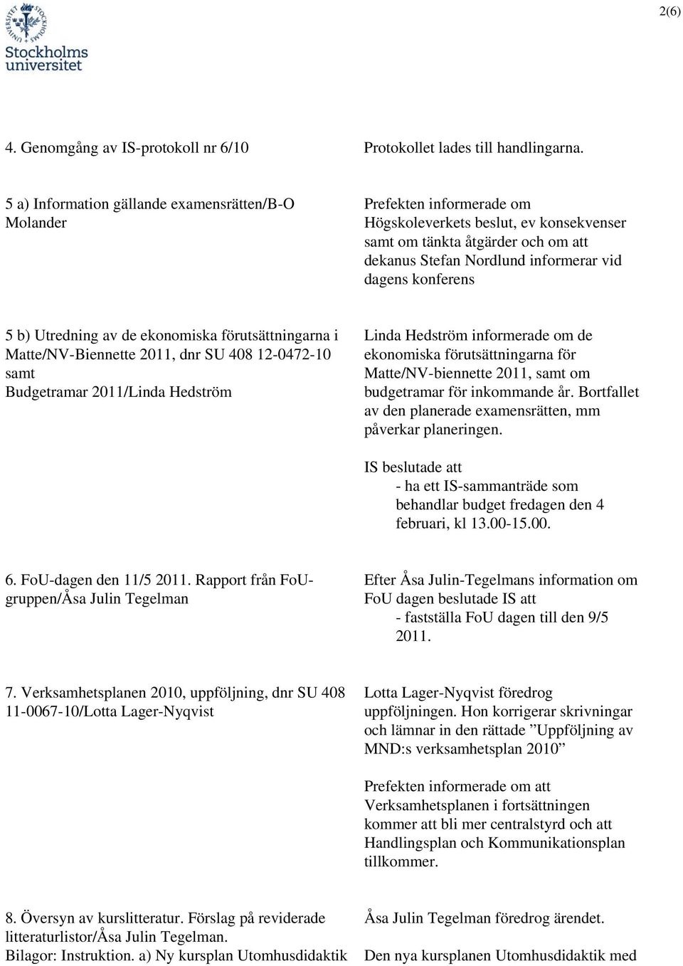 konferens 5 b) Utredning av de ekonomiska förutsättningarna i Matte/NV-Biennette 2011, dnr SU 408 12-0472-10 samt Budgetramar 2011/Linda Hedström Linda Hedström informerade om de ekonomiska