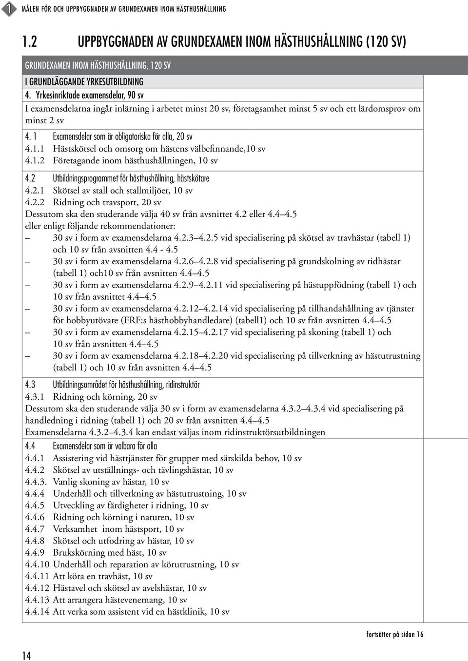 Yrkesinriktade examensdelar, 90 sv I examensdelarna ingår inlärning i arbetet minst 20 sv, företagsamhet minst 5 sv och ett lärdomsprov om minst 2 sv 4.
