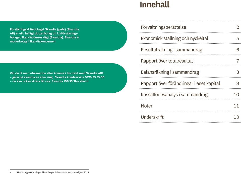 Förvaltningsberättelse 2 Ekonomisk ställning och nyckeltal 5 Resultaträkning i sammandrag 6 Rapport över totalresultat 7 Vill du få mer information eller komma i kontakt med