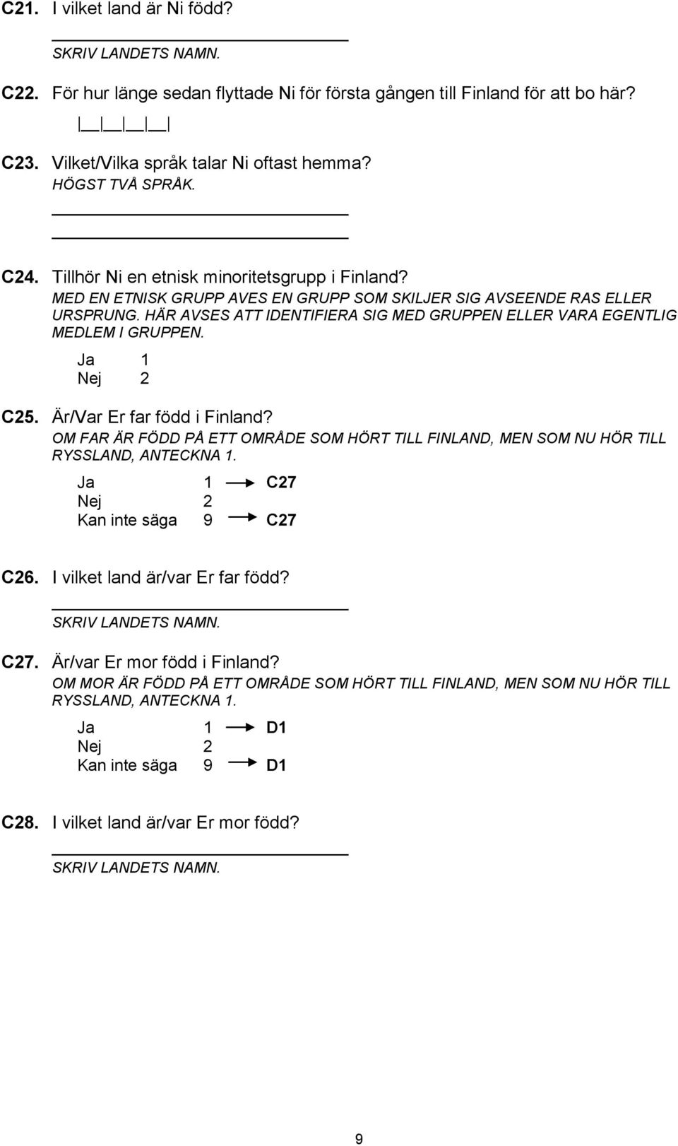 HÄR AVSES ATT IDENTIFIERA SIG MED GRUPPEN ELLER VARA EGENTLIG MEDLEM I GRUPPEN. Ja 1 Nej 2 C25. Är/Var Er far född i Finland?