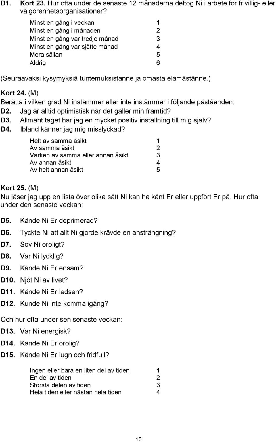 elämästänne.) Kort 24. Berätta i vilken grad Ni instämmer eller inte instämmer i följande påståenden: D2. Jag är alltid optimistisk när det gäller min framtid? D3.