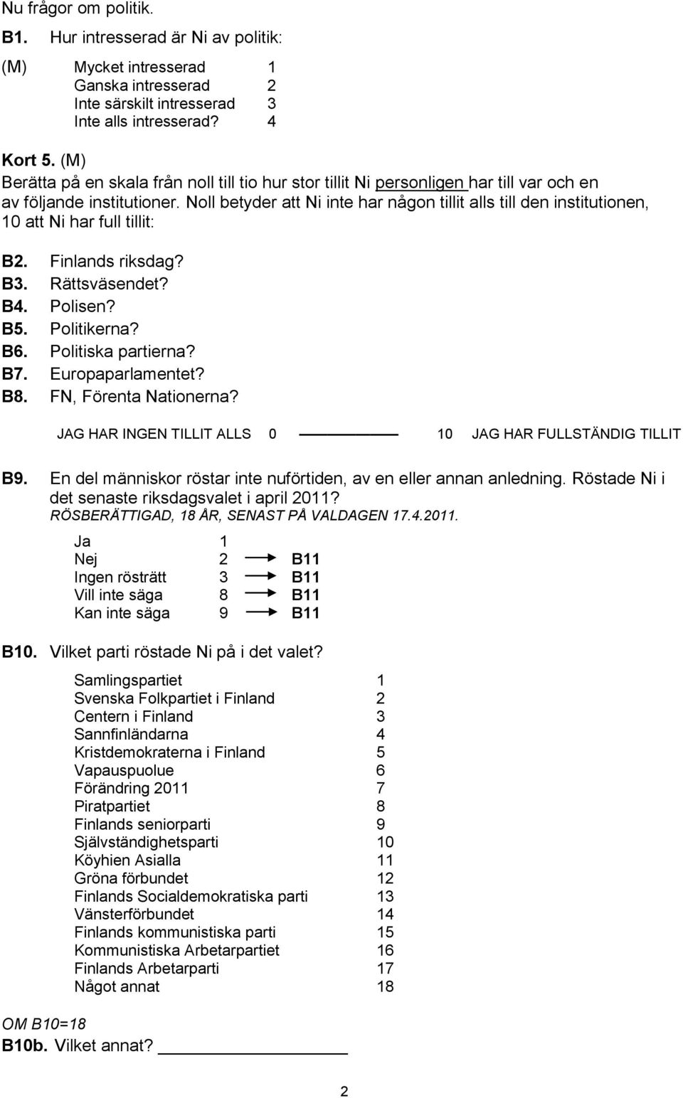 Noll betyder att Ni inte har någon tillit alls till den institutionen, 10 att Ni har full tillit: B2. Finlands riksdag? B3. Rättsväsendet? B4. Polisen? B5. Politikerna? B6. Politiska partierna? B7.