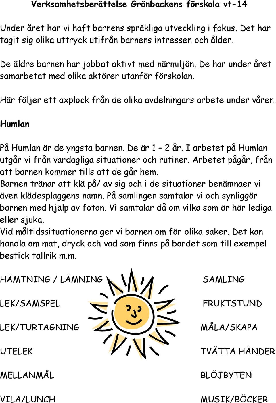 Humlan På Humlan är de yngsta barnen. De är 1 2 år. I arbetet på Humlan utgår vi från vardagliga situationer och rutiner. Arbetet pågår, från att barnen kommer tills att de går hem.