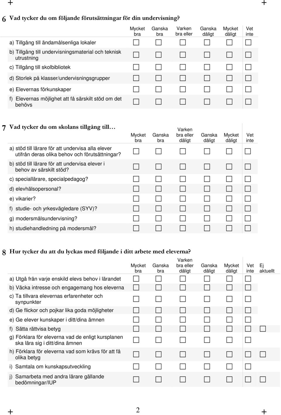 förkunskaper f) Elevernas möjlighet att få särskilt stöd om det behövs 7 Vad tycker du om skolans tillgång till a) stöd till lärare för att undervisa alla elever utifrån deras olika behov och