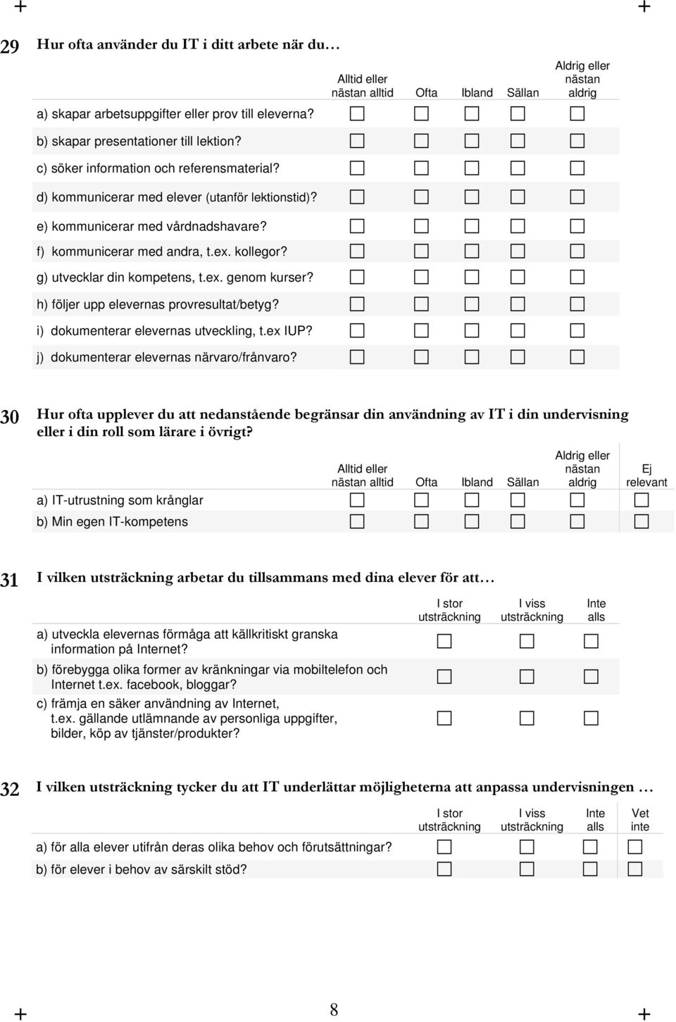 d) kommunicerar med elever (utanför lektionstid)? e) kommunicerar med vårdnadshavare? f) kommunicerar med andra, t.ex. kollegor? g) utvecklar din kompetens, t.ex. genom kurser?