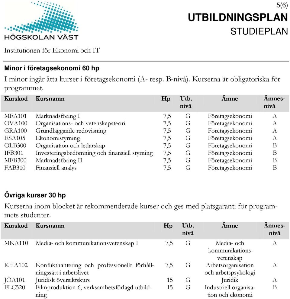 nivå Ämne Ämnesnivå MF101 Marknadsföring I 7,5 G Företagsekonomi OV100 Organisations- och vetenskapsteori 7,5 G Företagsekonomi GR100 Grundläggande redovisning 7,5 G Företagsekonomi ES105