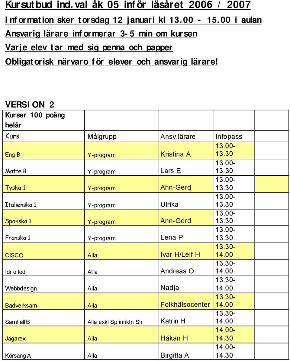 VERSION 2 Kurser 100 poäng helår Kurs Målgrupp Ansv.