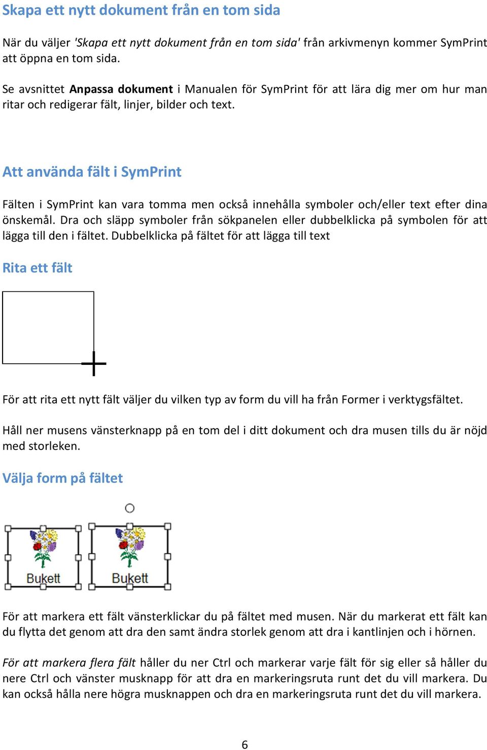 Att använda fält i SymPrint Fälten i SymPrint kan vara tomma men också innehålla symboler och/eller text efter dina önskemål.