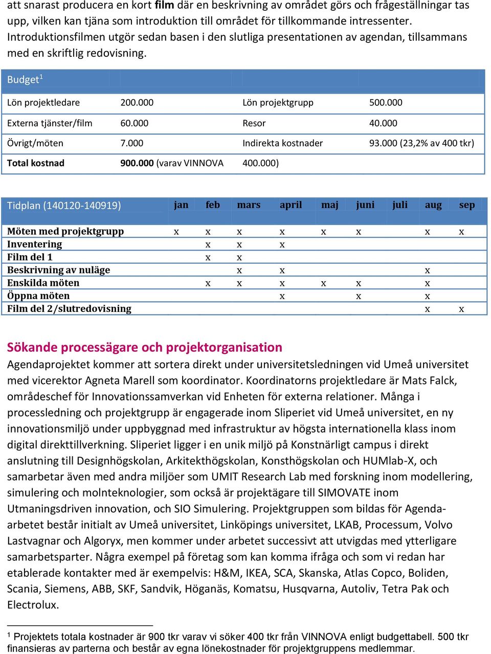 000 Externa tjänster/film 60.000 Resor 40.000 Övrigt/möten 7.000 Indirekta kostnader 93.000 (23,2% av 400 tkr) Total kostnad 900.000 (varav VINNOVA 400.