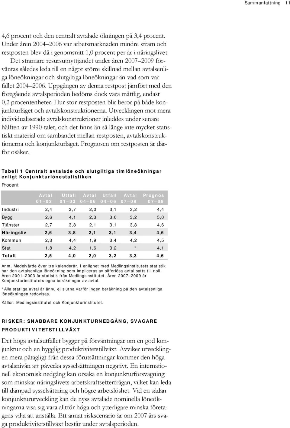 Det stramare resursutnyttjandet under åren 2007 2009 förväntas således leda till en något större skillnad mellan avtalsenliga löneökningar och slutgiltiga löneökningar än vad som var fallet 2004 2006.