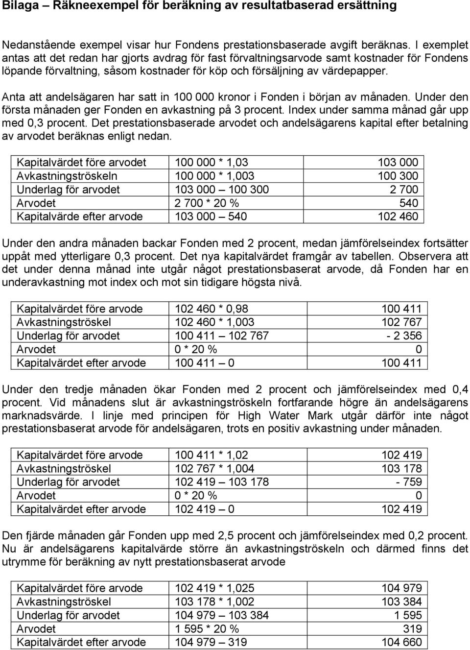 Anta att andelsägaren har satt in 100 000 kronor i Fonden i början av månaden. Under den första månaden ger Fonden en avkastning på 3 procent. Index under samma månad går upp med 0,3 procent.