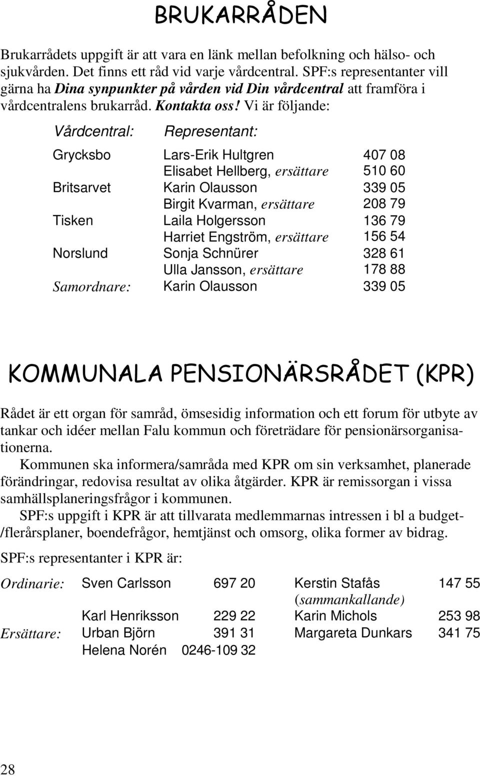 Vi är följande: Vårdcentral: Representant: Grycksbo Lars-Erik Hultgren 407 08 Elisabet Hellberg, ersättare 510 60 Britsarvet Karin Olausson 339 05 Birgit Kvarman, ersättare 208 79 Tisken Laila