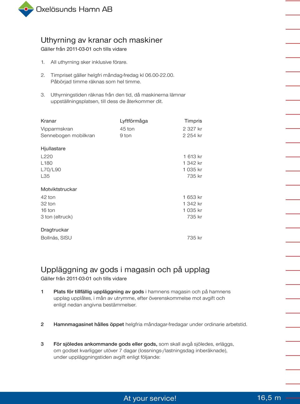 Kranar Lyftförmåga Timpris Vipparmskran 45 ton 2 327 kr Sennebogen mobilkran 9 ton 2 254 kr Hjullastare L220 L180 L70/L90 L35 1 613 kr 1 342 kr 1 035 kr 735 kr Motviktstruckar 42 ton 1 653 kr 32 ton