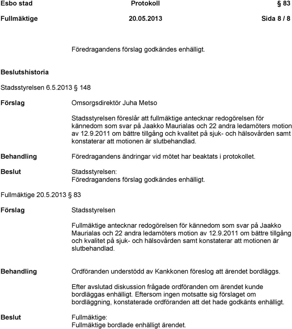 Stadsstyrelsen: Föredragandens förslag godkändes enhälligt. Fullmäktige 20.5.