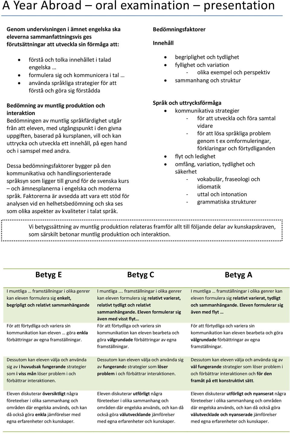 struktur Bedömning av muntlig produktion och interaktion Bedömningen av muntlig språkfärdighet utgår från att eleven, med utgångspunkt i den givna uppgiften, baserad på kursplanen, vill och kan