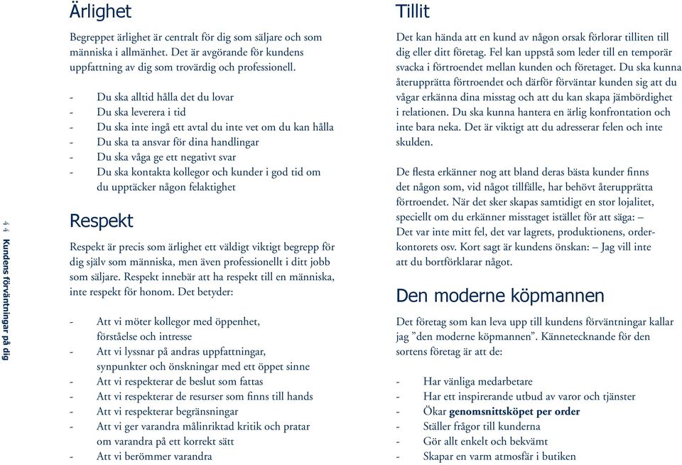 Du ska alltid hålla det du lovar Du ska leverera i tid Du ska inte ingå ett avtal du inte vet om du kan hålla Du ska ta ansvar för dina handlingar Du ska våga ge ett negativt svar Du ska kontakta