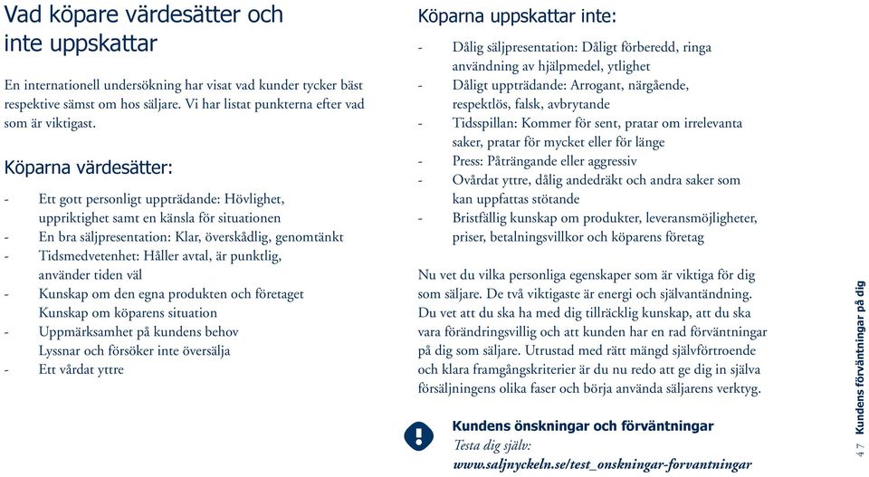 punktlig, använder tiden väl Kunskap om den egna produkten och företaget Kunskap om köparens situation Uppmärksamhet på kundens behov Lyssnar och försöker inte översälja Ett vårdat yttre Köparna