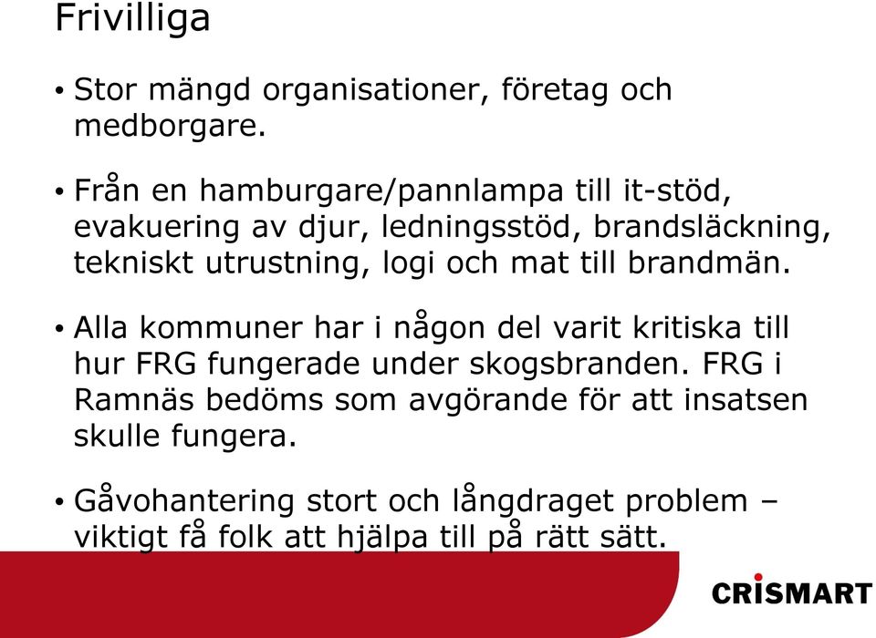 utrustning, logi och mat till brandmän.