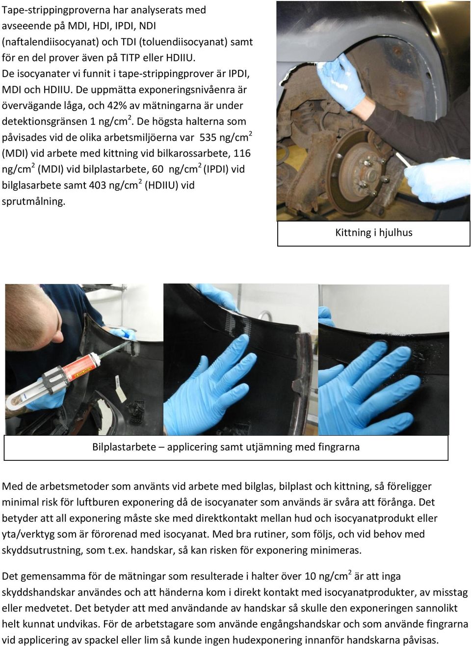 De högsta halterna som påvisades vid de olika arbetsmiljöerna var 535 ng/cm 2 (MDI) vid arbete med kittning vid bilkarossarbete, 116 ng/cm 2 (MDI) vid bilplastarbete, 60 ng/cm 2 (IPDI) vid