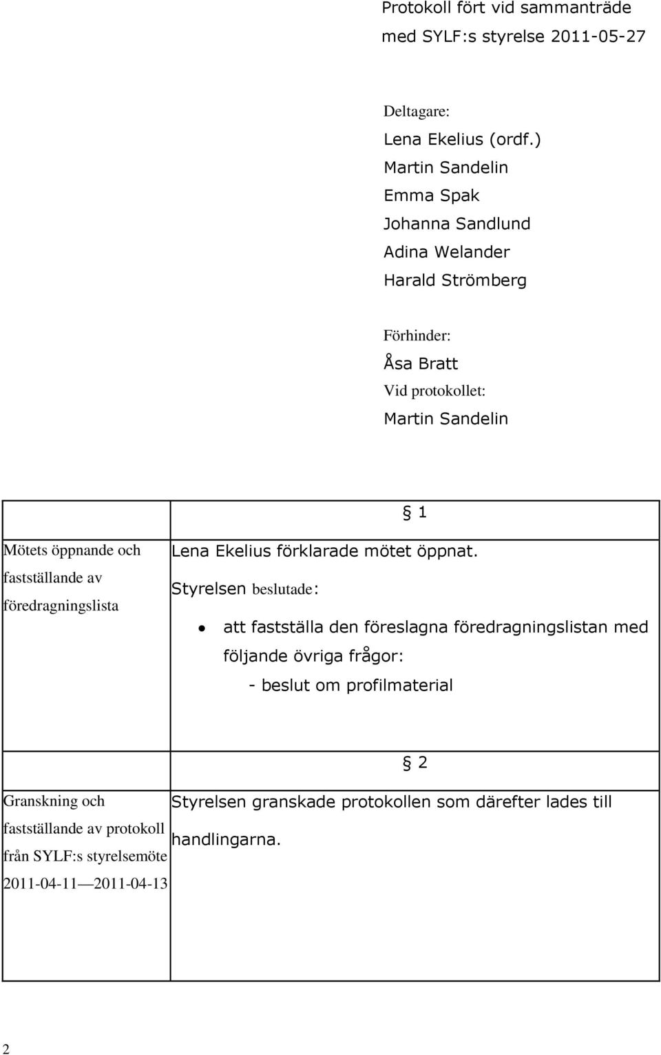 öppnande och fastställande av föredragningslista Lena Ekelius förklarade mötet öppnat.