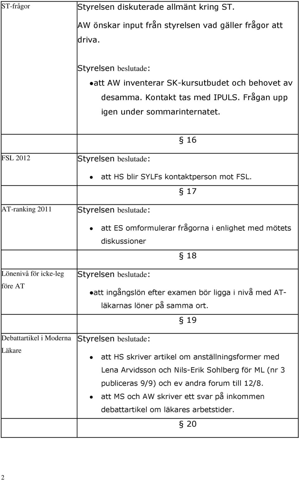 17 AT-ranking 011 att ES omformulerar frågorna i enlighet med mötets diskussioner 18 Lönenivå för icke-leg före AT Debattartikel i Moderna Läkare att ingångslön efter examen bör ligga