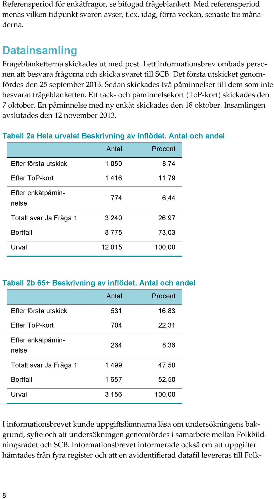 Sedan skickades två påminnelser till dem som inte besvarat frågeblanketten. Ett tack- och påminnelsekort (ToP-kort) skickades den 7 oktober. En påminnelse med ny enkät skickades den 18 oktober.