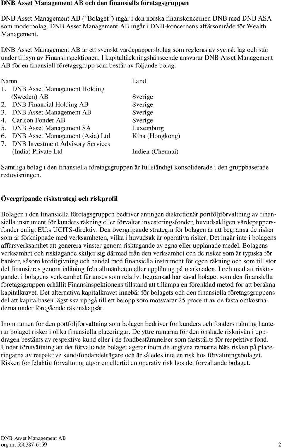 I kapitaltäckningshänseende ansvarar DNB Asset Management AB för en finansiell företagsgrupp som består av följande bolag. Namn Land 1. DNB Asset Management Holding (Sweden) AB Sverige 2.