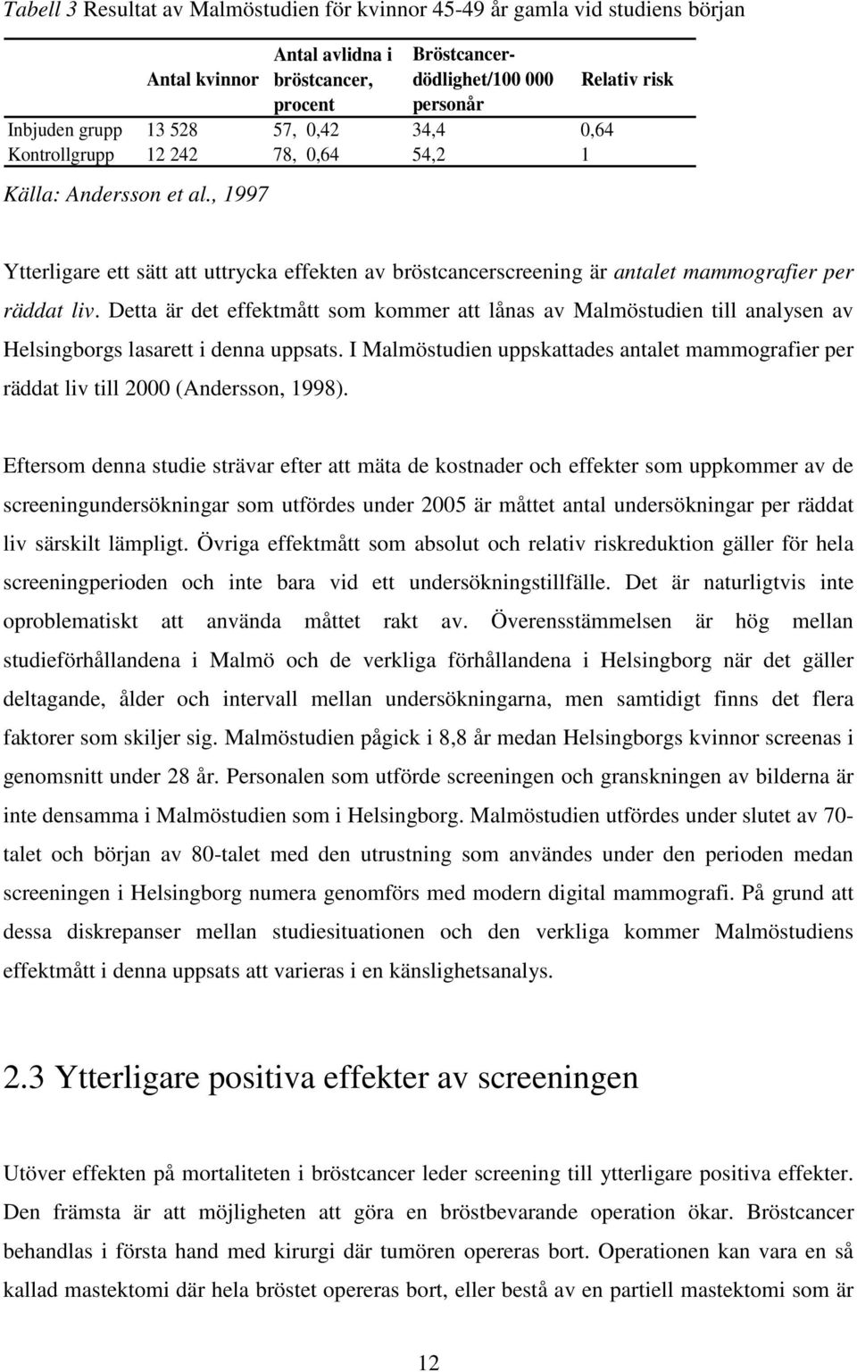 , 1997 Relativ risk Ytterligare ett sätt att uttrycka effekten av bröstcancerscreening är antalet mammografier per räddat liv.