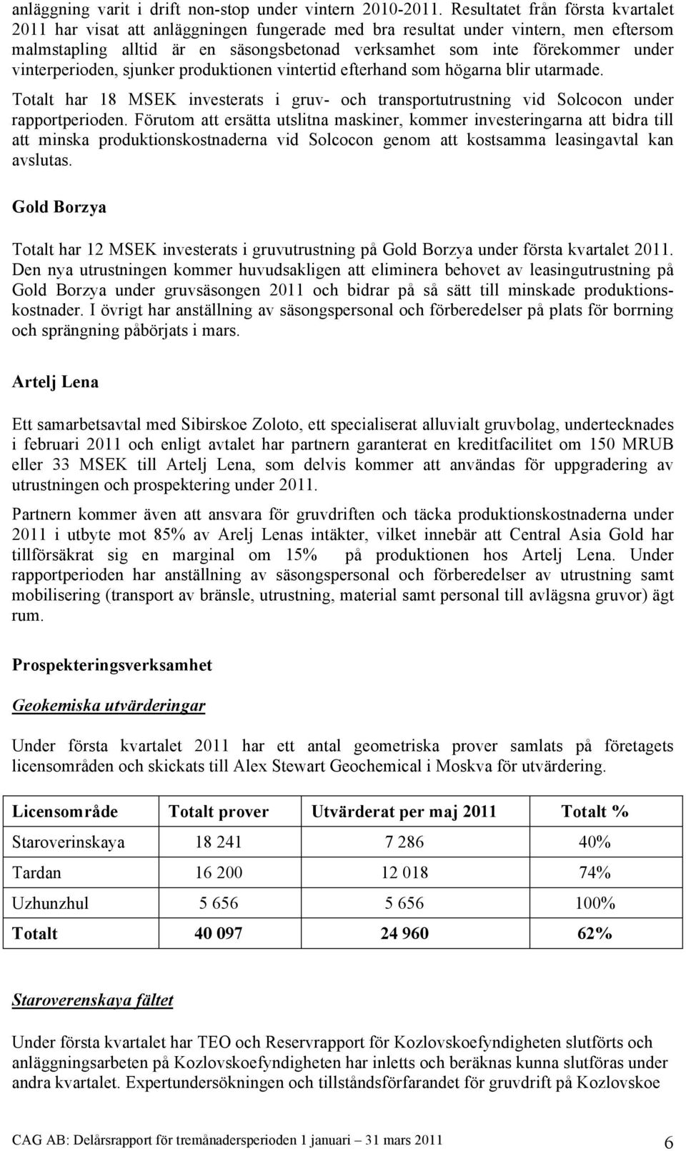 vinterperioden, sjunker produktionen vintertid efterhand som högarna blir utarmade. Totalt har 18 MSEK investerats i gruv- och transportutrustning vid Solcocon under rapportperioden.