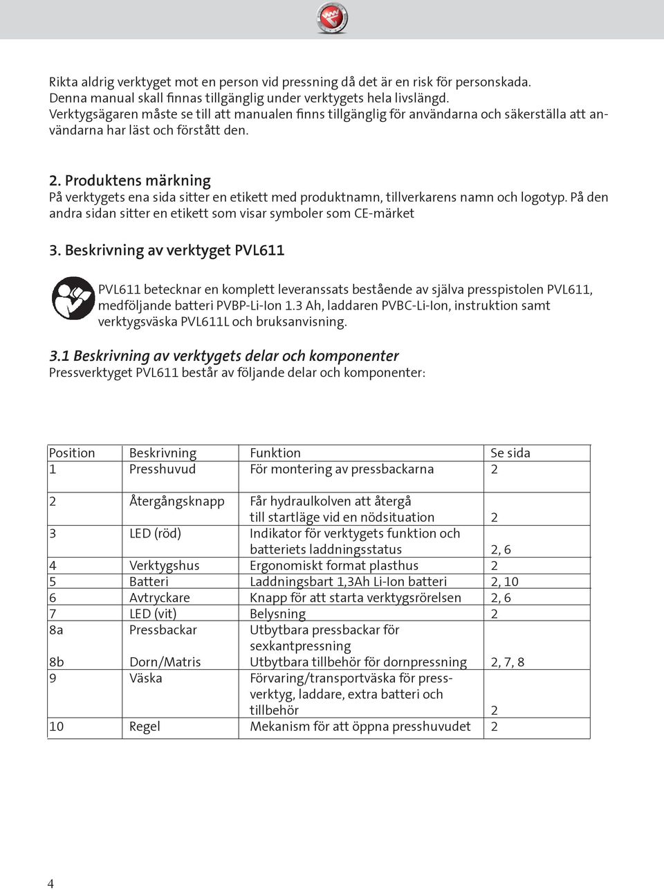 Produktens märkning På verktygets ena sida sitter en etikett med produktnamn, tillverkarens namn och logotyp. På den andra sidan sitter en etikett som visar symboler som CE-märket 3.