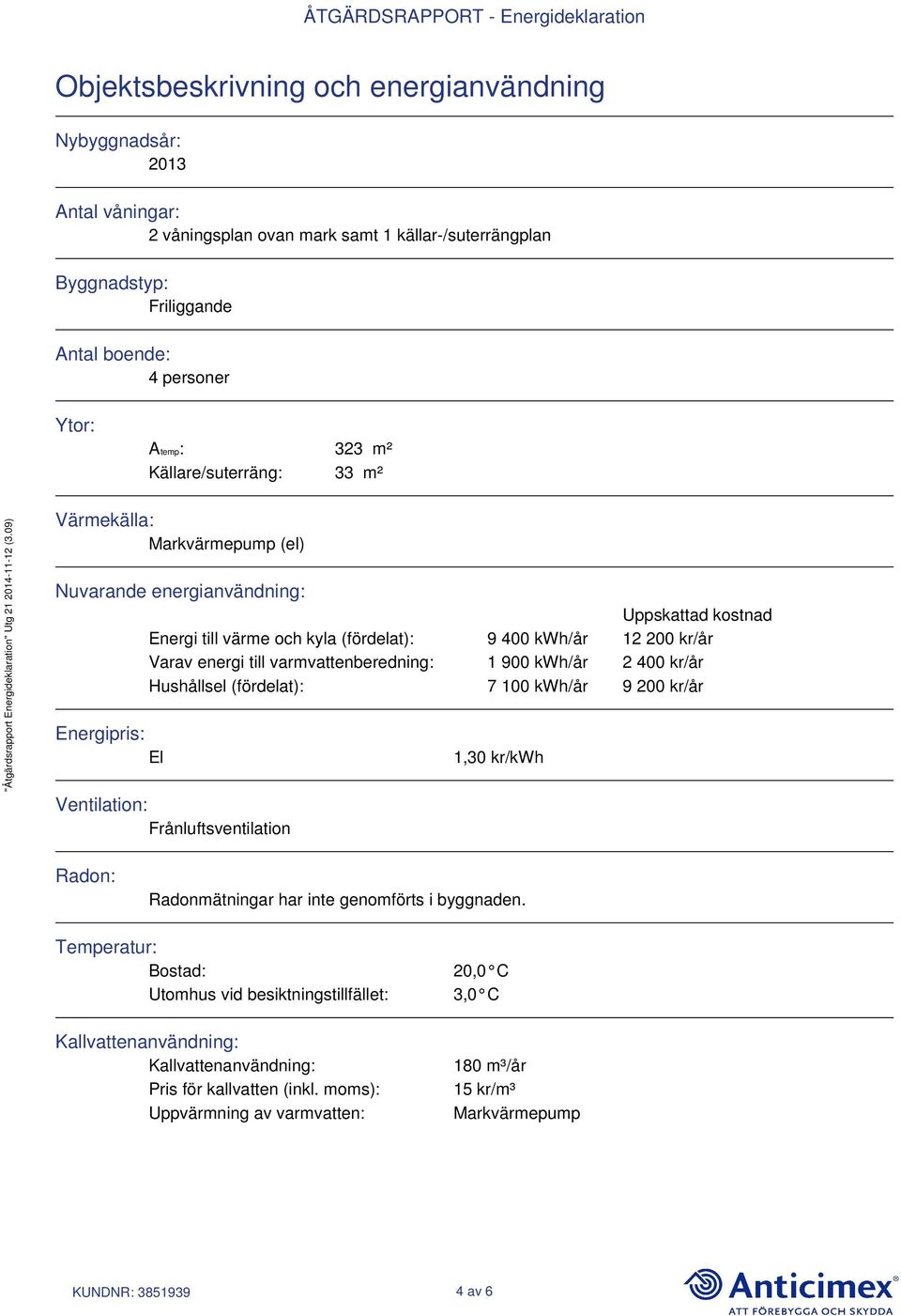 varmvattenberedning: 1 900 kwh/år 2 400 kr/år Hushållsel (fördelat): 7 100 kwh/år 9 200 kr/år Energipris: El Ventilation: Frånluftsventilation 1,30 kr/kwh Radon: Radonmätningar har inte genomförts i