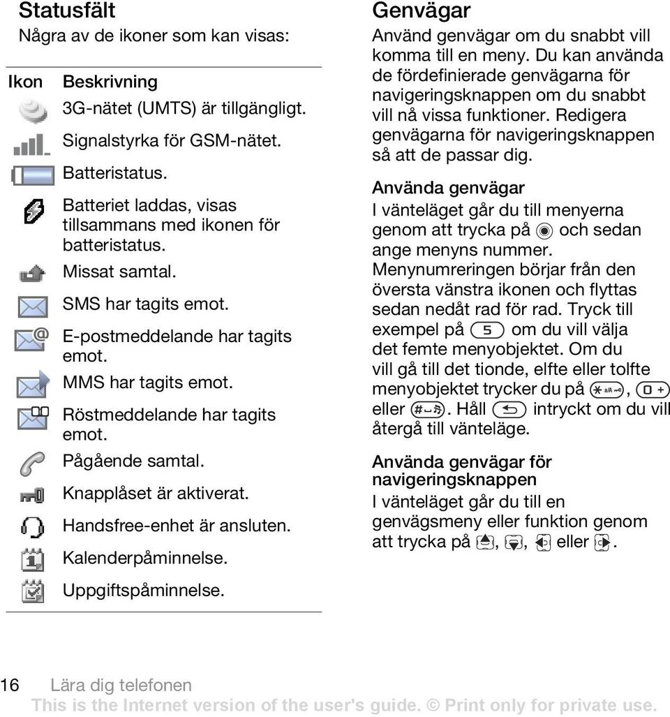 Pågående samtal. Knapplåset är aktiverat. Handsfree-enhet är ansluten. Kalenderpåminnelse. Uppgiftspåminnelse. Genvägar Använd genvägar om du snabbt vill komma till en meny.