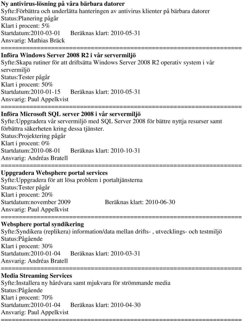 50% Startdatum:2010-01-15 Beräknas klart: 2010-05-31 Ansvarig: Paul Appelkvist Införa Microsoft SQL server 2008 i vår servermiljö Syfte:Uppgradera vår servermiljö med SQL Server 2008 för bättre