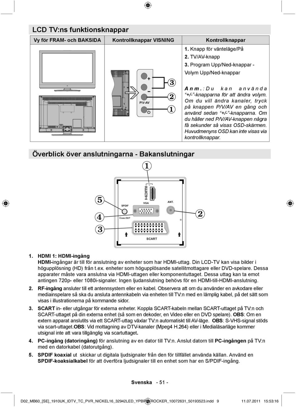Om du håller ned P/V/AV-knappen några få sekunder så visas OSD-skärmen. Huvudmenyns OSD kan inte visas via kontrollknappar. Överblick över anslutningarna - Bakanslutningar 1.