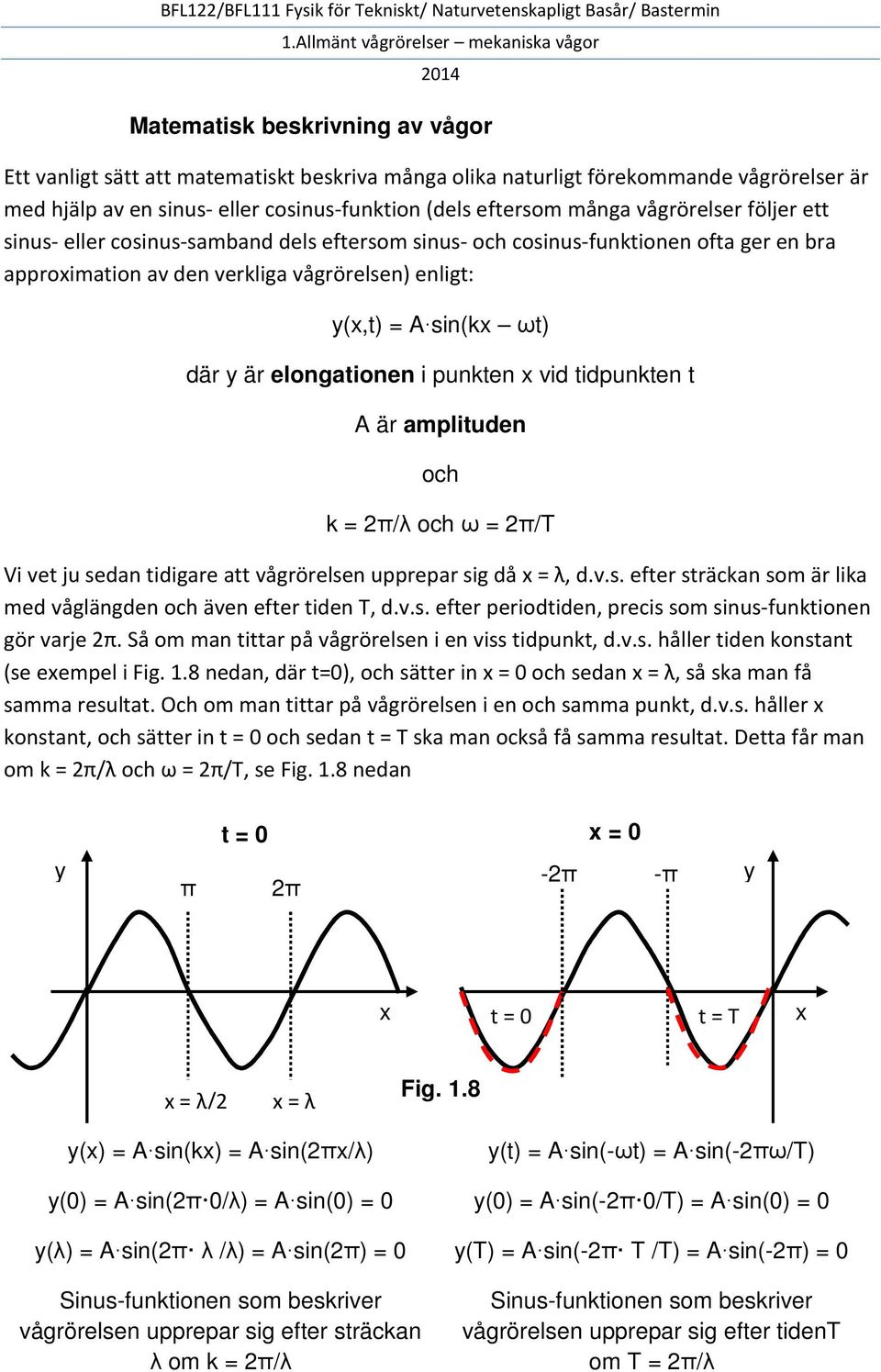 elongationen i punkten x vid tidpunkten t A är amplituden och k = 2π/λ och ω = 2π/T Vi vet ju sedan tidigare att vågrörelsen upprepar sig då x = λ, d.v.s. efter sträckan som är lika med våglängden och även efter tiden T, d.