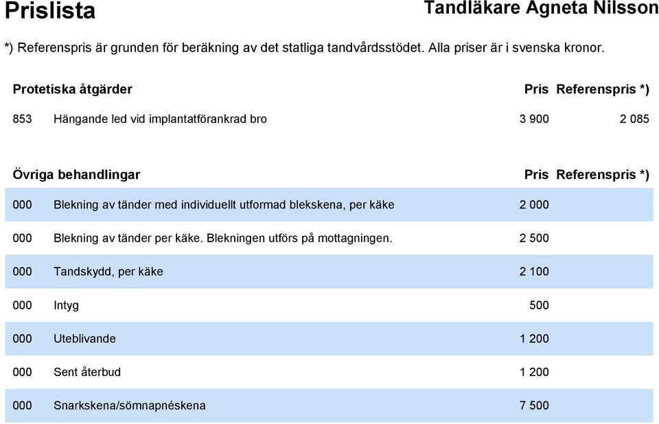 per käke 2 000 000 Blekning av tänder per käke. Blekningen utförs på mottagningen.