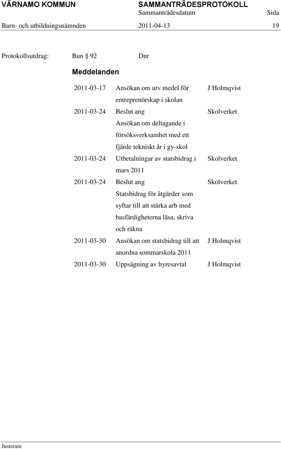 Utbetalningar av statsbidrag i Skolverket mars 2011 2011-03-24 ang Skolverket Statsbidrag för åtgärder som syftar till att stärka arb med