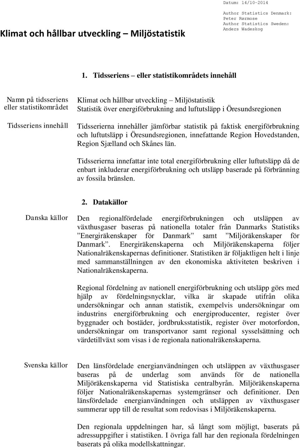 luftutsläpp i Öresundsregionen Tidsserierna innehåller jämförbar statistik på faktisk energiförbrukning och luftutsläpp i Öresundsregionen, innefattande Region Hovedstanden, Region Sjælland och