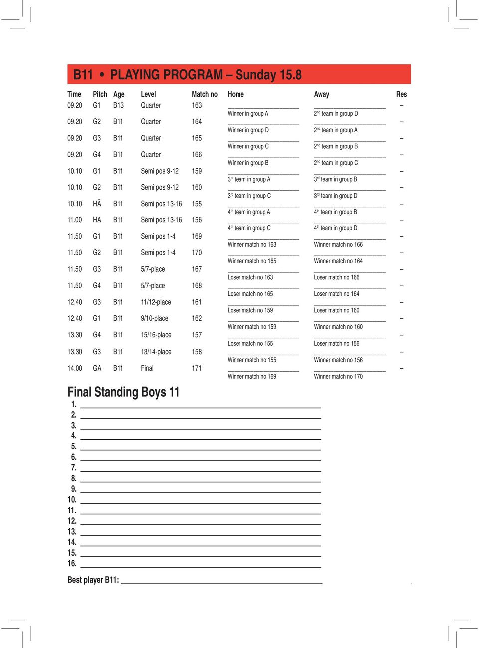 10 G1 B11 Semi pos 9-12 159 3 rd team in group A 3 rd team in group B 10.10 G2 B11 Semi pos 9-12 160 3 rd team in group C 3 rd team in group D 10.