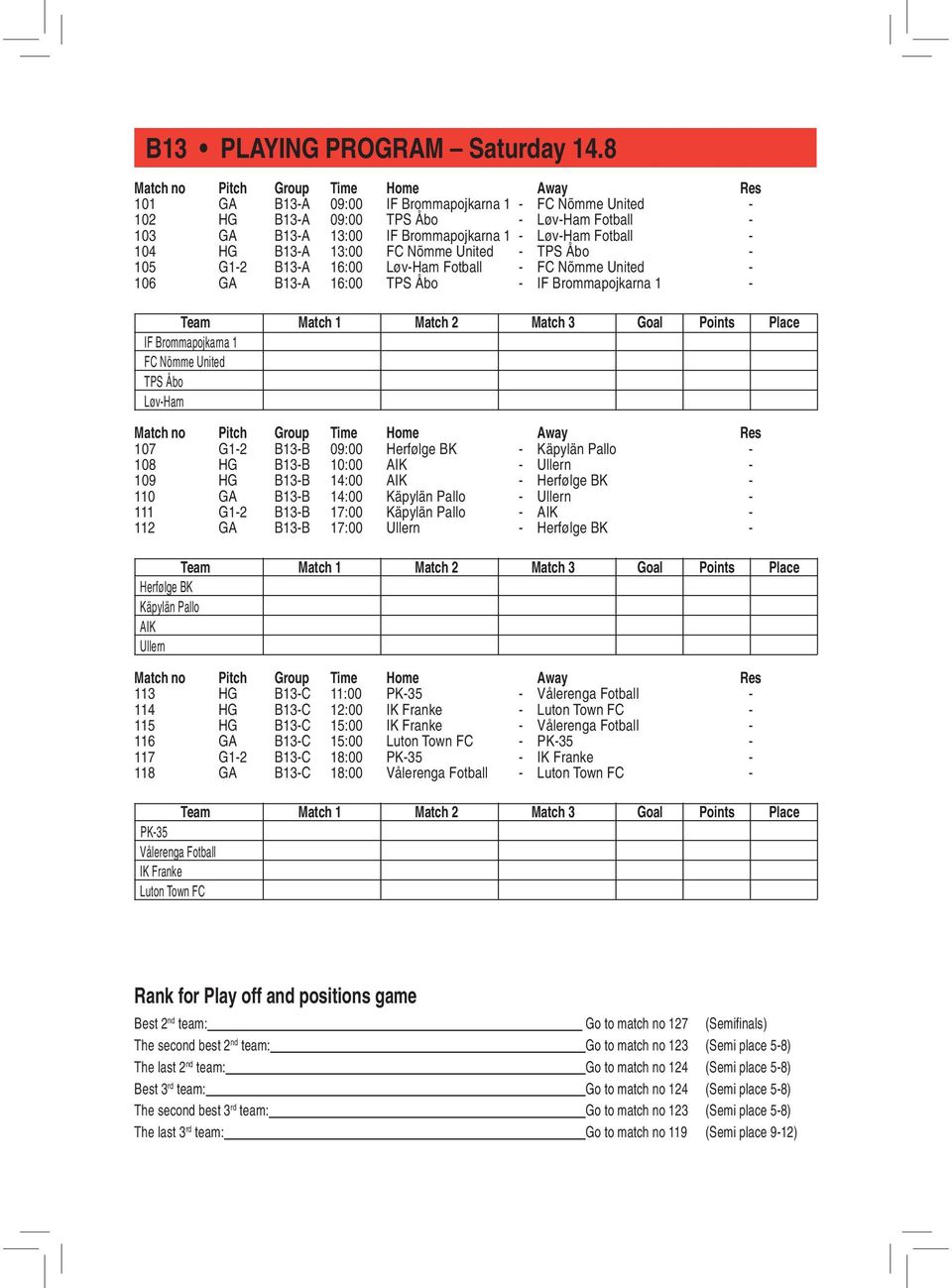United - TPS Åbo - 105 G1-2 B13-A 16:00 Løv-Ham Fotball - FC Nõmme United - 106 GA B13-A 16:00 TPS Åbo - IF Brommapojkarna 1 - IF Brommapojkarna 1 FC Nömme United TPS Åbo Løv-Ham 107 G1-2 B13-B 09:00