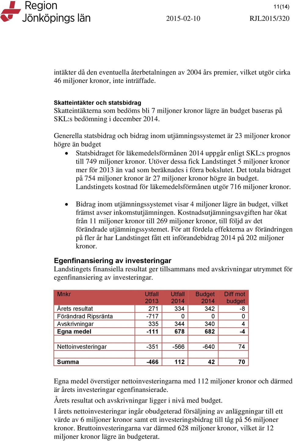 Generella statsbidrag och bidrag inom utjämningssystemet är 23 miljoner kronor högre än budget Statsbidraget för läkemedelsförmånen 2014 uppgår enligt SKL:s prognos till 749 miljoner kronor.