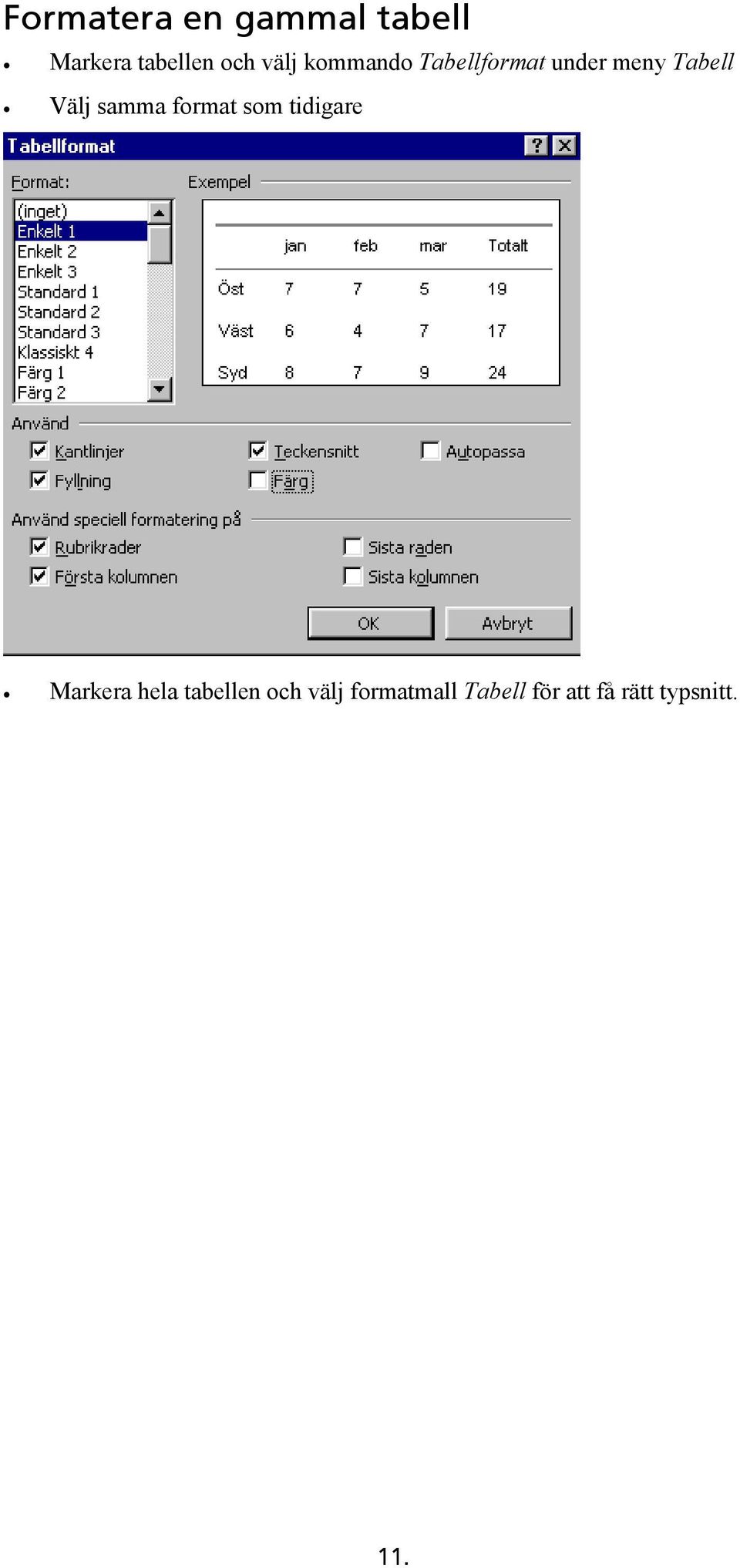 samma format som tidigare Markera hela tabellen