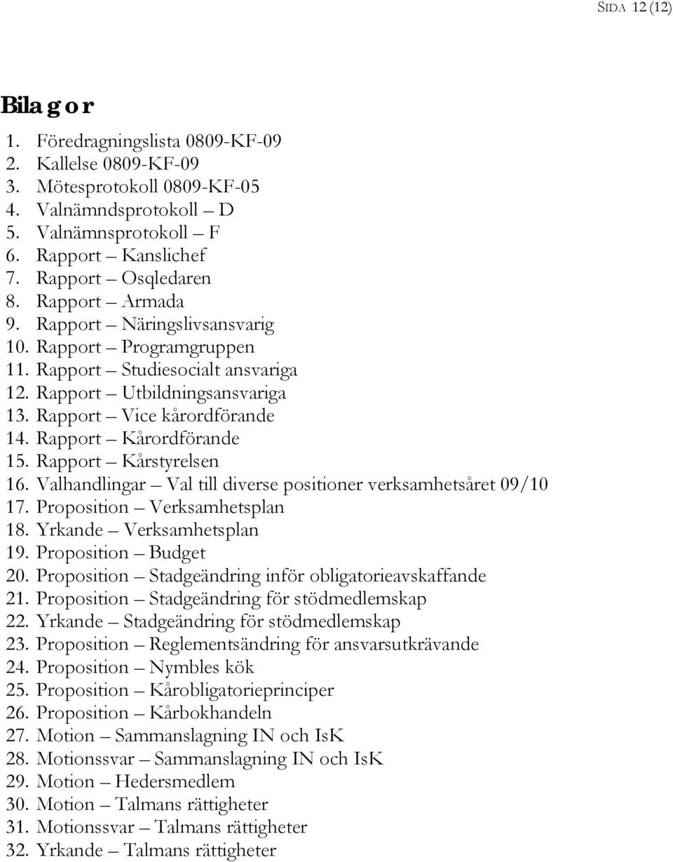 Rapport Kårordförande 15. Rapport Kårstyrelsen 16. Valhandlingar Val till diverse positioner verksamhetsåret 09/10 17. Proposition Verksamhetsplan 18. Yrkande Verksamhetsplan 19.