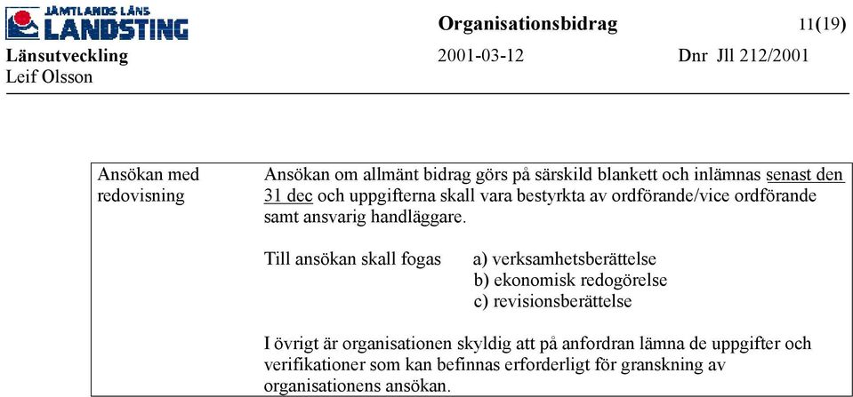 Till ansökan skall fogas a) verksamhetsberättelse b) ekonomisk redogörelse c) revisionsberättelse I övrigt är