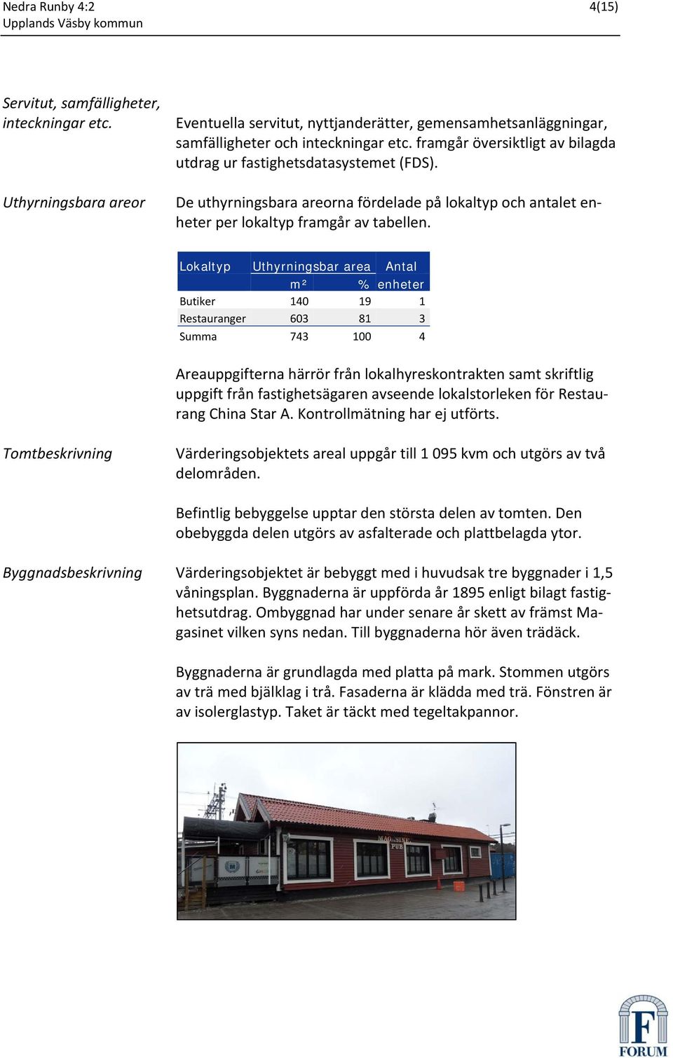 Lokaltyp Uthyrningsbar area Antal m² % enheter Butiker 140 19 1 Restauranger 603 81 3 Summa 743 100 4 Areauppgifterna härrör från lokalhyreskontrakten samt skriftlig uppgift från fastighetsägaren