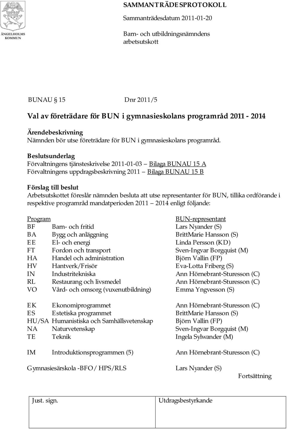 ordförande i respektive programråd mandatperioden 2011 2014 enligt följande: Program -representant BF Barn- och fritid Lars Nyander (S) BA Bygg och anläggning BrittMarie Hansson (S) EE El- och energi