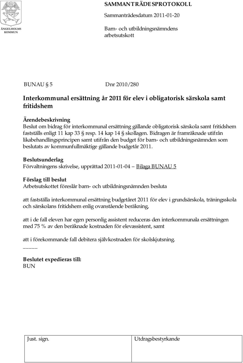 Bidragen är framräknade utifrån likabehandlingsprincipen samt utifrån den budget för barn- och utbildningsnämnden som beslutats av kommunfullmäktige gällande budgetår 2011.