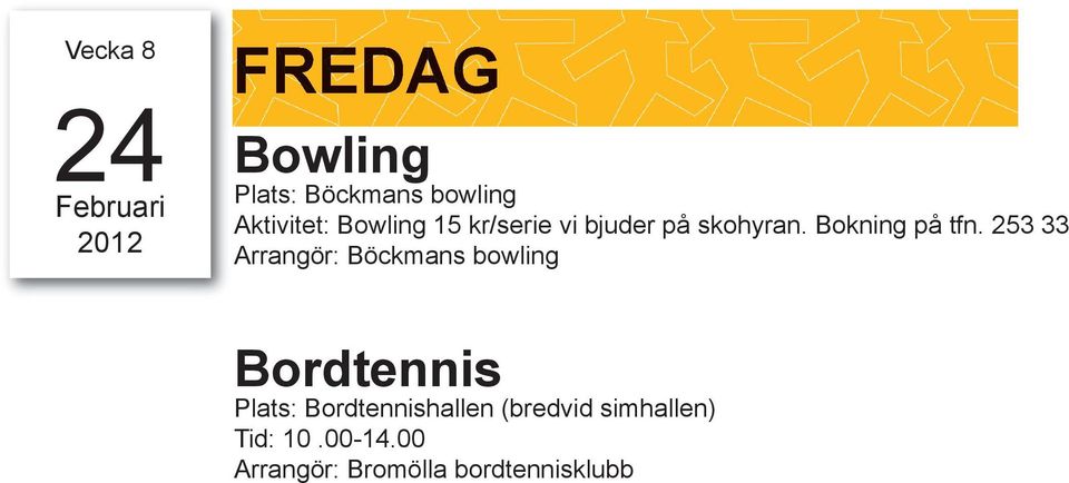 253 33 Arrangör: Böckmans bowling Bordtennis Plats: