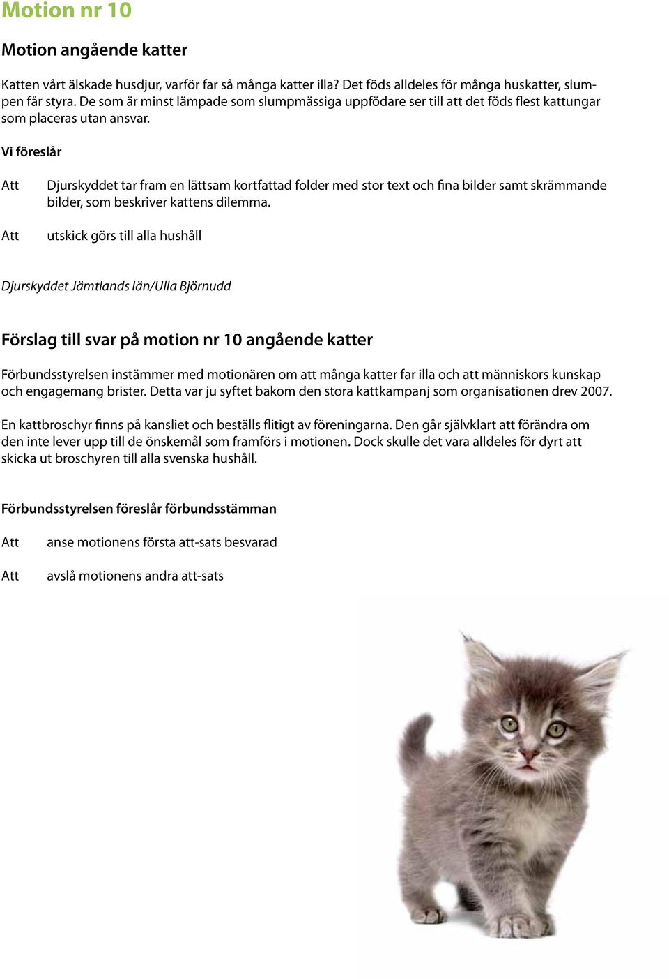 Djurskyddet tar fram en lättsam kortfattad folder med stor text och fina bilder samt skrämmande bilder, som beskriver kattens dilemma.